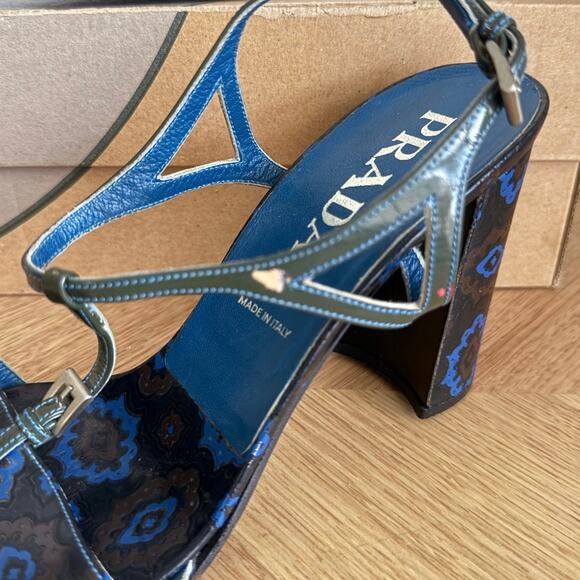 RARE Vintage Prada Blue Floral Chunky Women Heels - SZ 39 1/2 / US 9.5 - Picture 8 of 14